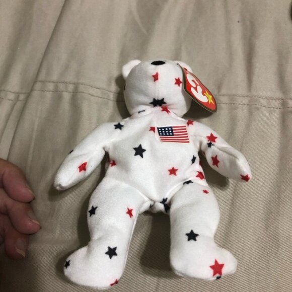 Ty teenie weenie Beanie Baby Star-Spangled Bear - White with Red and Blue Stars - Picture 1 of 3